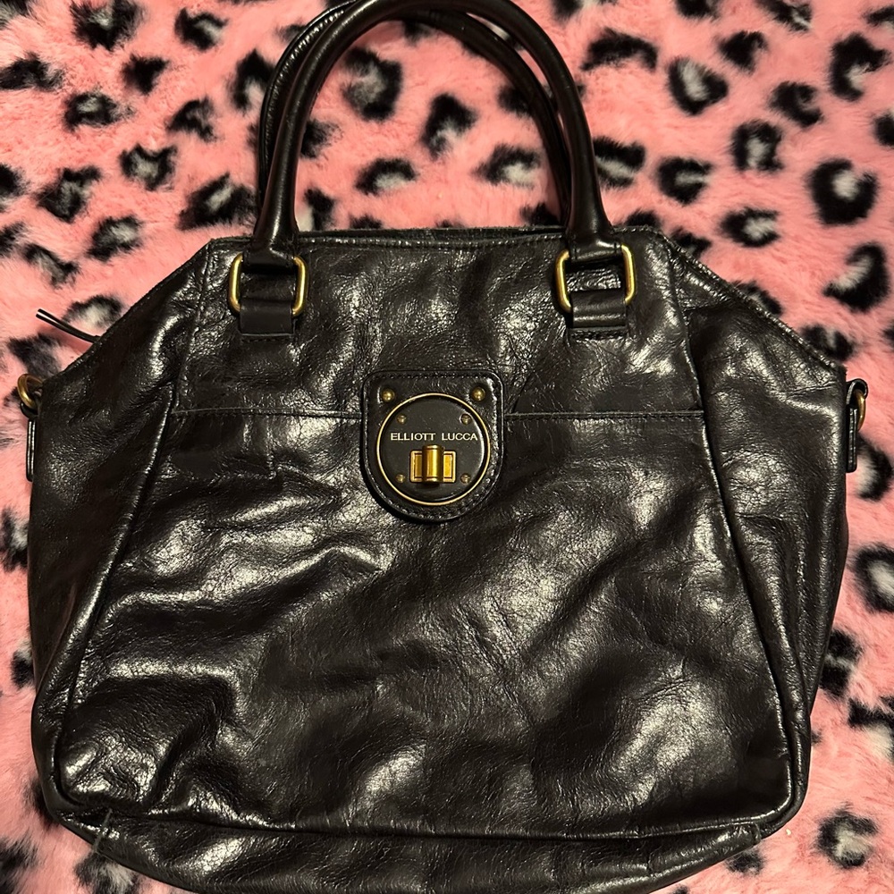 Elliott Lucca Black Leather Satchel with Gold Accents